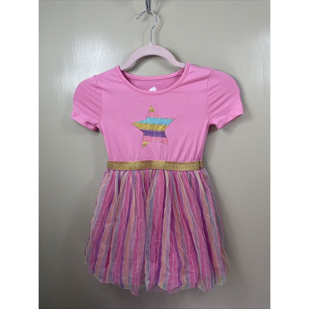 Extremely Me Girls‎ Pink Rainbow Tutu Dress Heart Gold Waistband Glitter 5-6Y